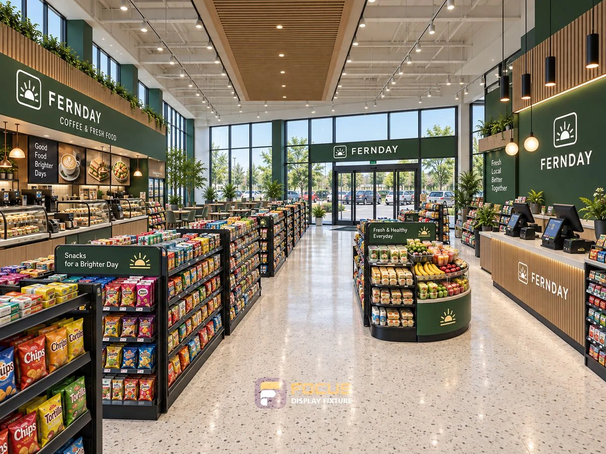 Store 27 — Forest green convenience store, interior view 3
