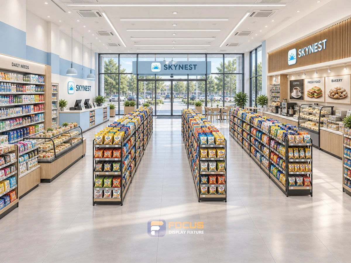 Store 28 — Sky blue convenience store, interior view 1