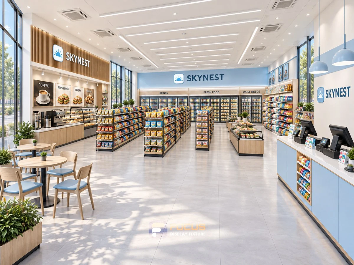 Store 28 — Sky blue convenience store, interior view 2