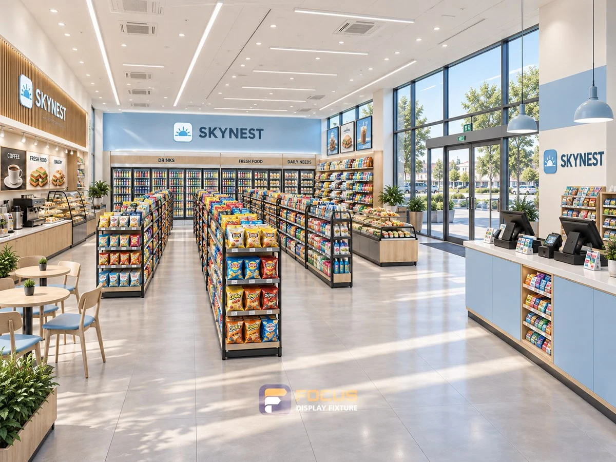 Store 28 — Sky blue convenience store, interior view 3