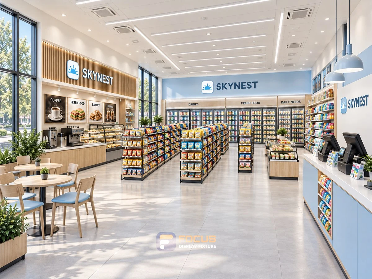 Store 28 — Sky blue convenience store, interior view 4