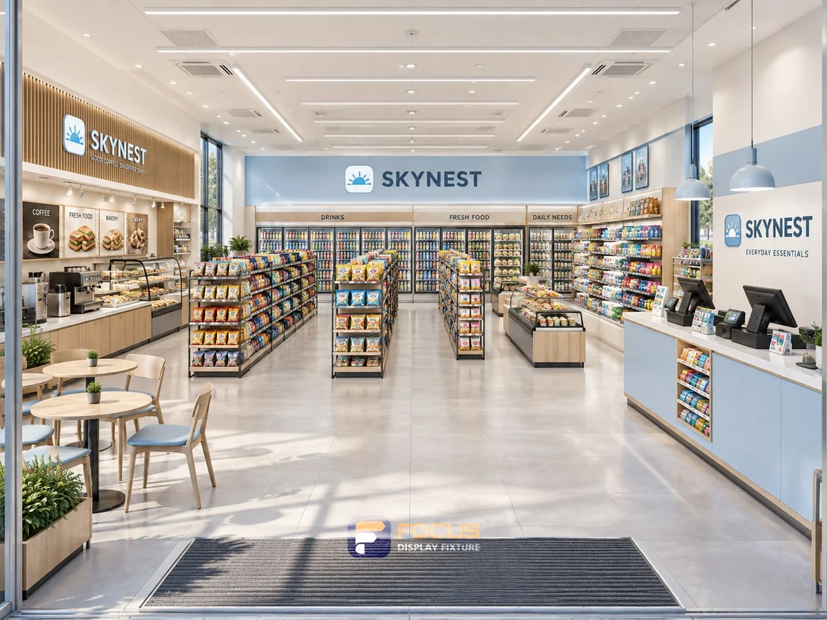 Store 28 — Sky blue convenience store, interior view 6
