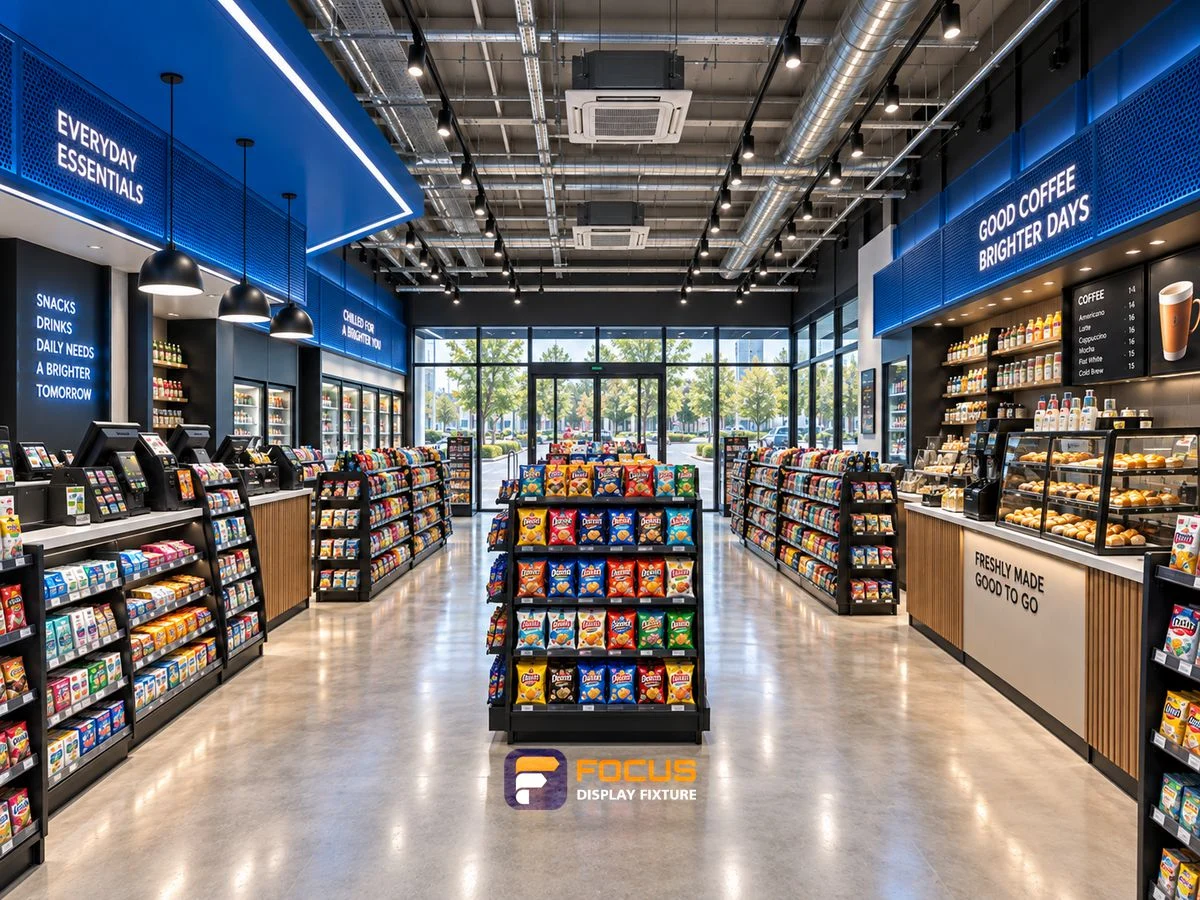 Store 32 — Blue market convenience store, interior view 1